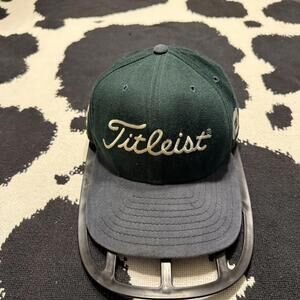 Vintage 80s RARE New Era 5950 Titleist FJ Hat Green Wool Leather Strap Back OSFA